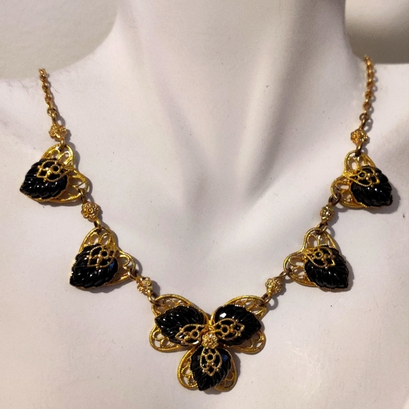 Signed Germany Filigree Hearts Black Molded Glass Necklace - Picture 3 of 15